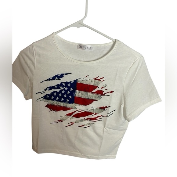 White Crop Top with American Flag Design - Picture 1 of 2